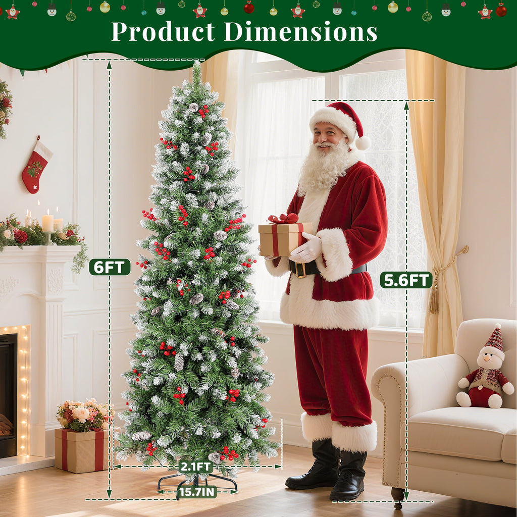 Aufeile 6ft Pencil Christmas Tree, Slim Pre-Lit Xmas Tree, 200 LED Lights, 600 Hinged Tips, Pine Cones, Berries, Metal Stand