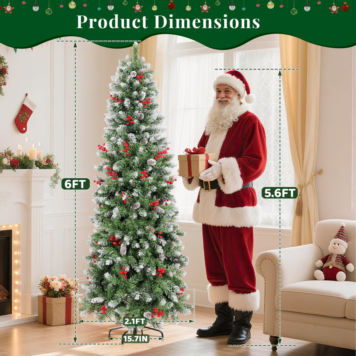 Aufeile 6ft Pencil Christmas Tree, Slim Pre-Lit Xmas Tree, 200 LED Lights, 600 Hinged Tips, Pine Cones, Berries, Metal Stand