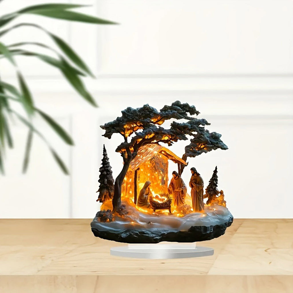 Lwlmwt Nativity Scene with LED Lights, Manger Decoration, Christmas Ornament with Stable, Indoor Tabletop Home Decor, Acrylic Statue Assembly