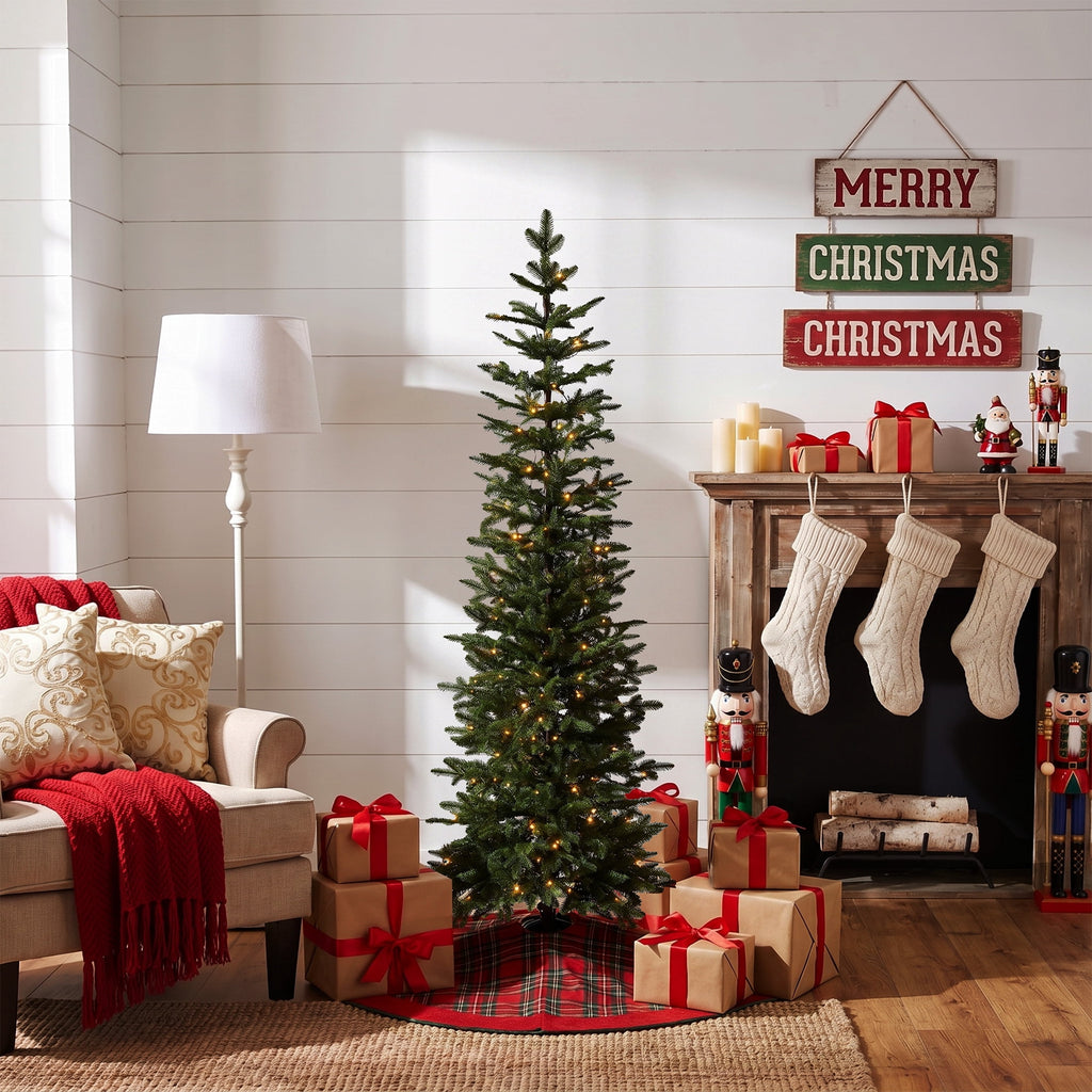 DR.Planzen 6ft Prelit Pencil Christmas Tree with 150 Warm White LED Lights, 1571 PE Branch Tips, Iron Base, Slim Artificial Christmas Tree for Apartment, Entryway, Corner, Office
