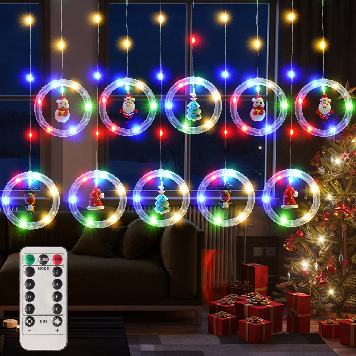 WILLED Christmas String Lights, 120 LED Window Curtain Lights with Christmas Ornaments, 9.8ft USB Powered Warm White Waterproof Fairy Lights Indoor Outdoor for Xmas Tree Patio Garden Party Home Decor