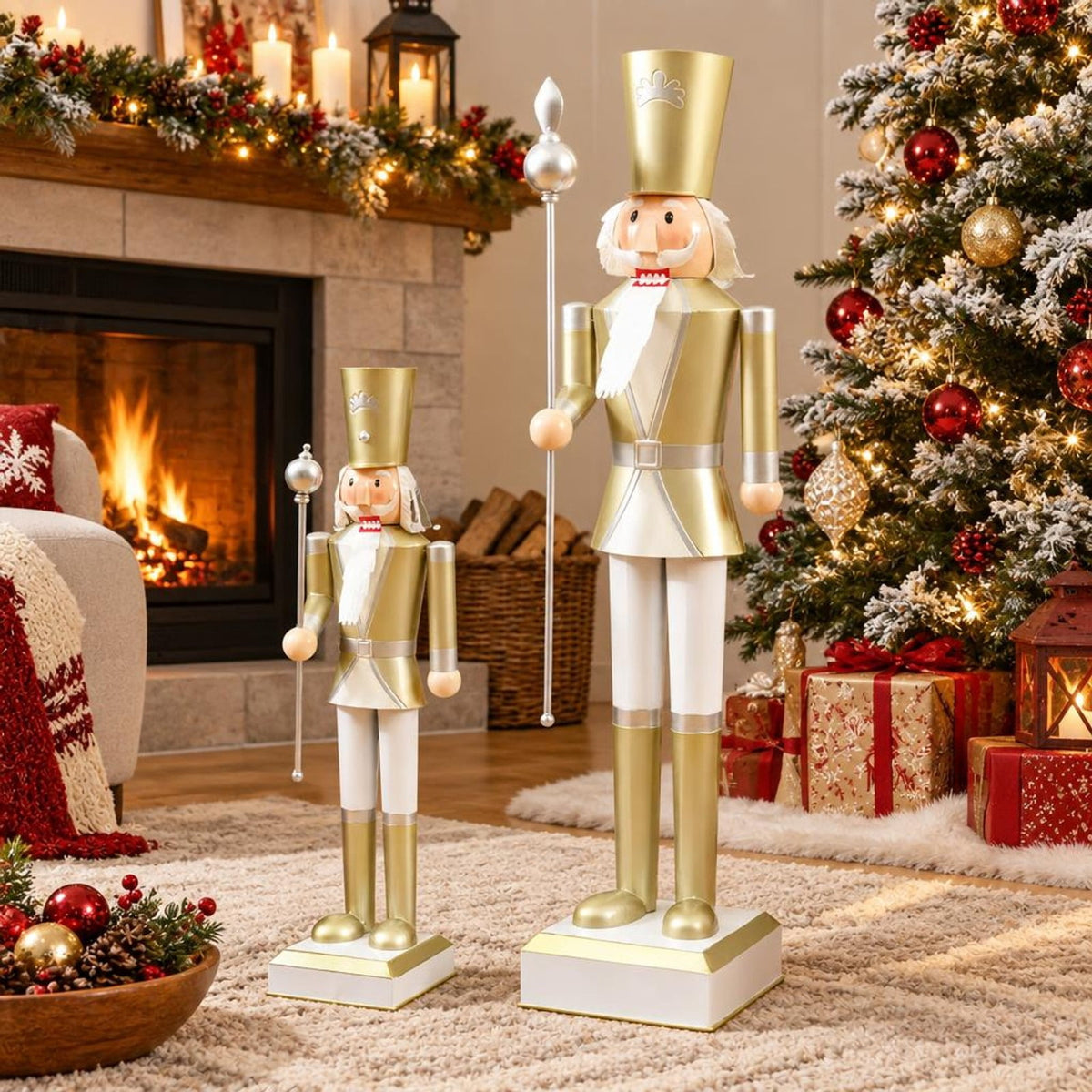 RUIE Christmas Nutcracker with High Hat & Beautiful Scepter-White & Golden, 4 FT, White, 10.5" x 10.5" x 4' Overall, Metal Construction