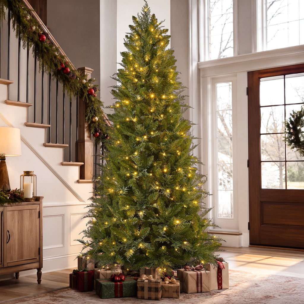 Goosiay 6FT Pre-Lit Artificial Christmas Tree, Slim Cypress Christmas Tree with Realistic Branches, 877 PE & PVC Tips and 250 Lights for Living Room, Office, Bedroom and Indoor Holiday Decor