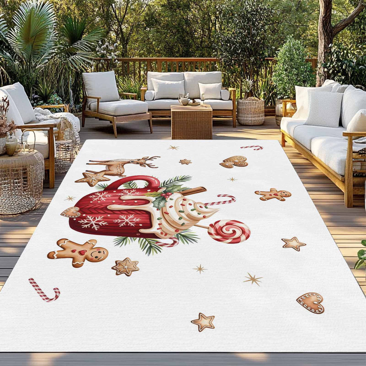 Christmas Outdoor Rug for Patio/Deck/Porch, Non-Slip Large Area Rug 6 x 9 Ft, Xmas Deer Ice Cream Cookies Candy Pine Needles Indoor Outdoor Rugs Washable Area Rugs, Camping Rug Carpet Runner