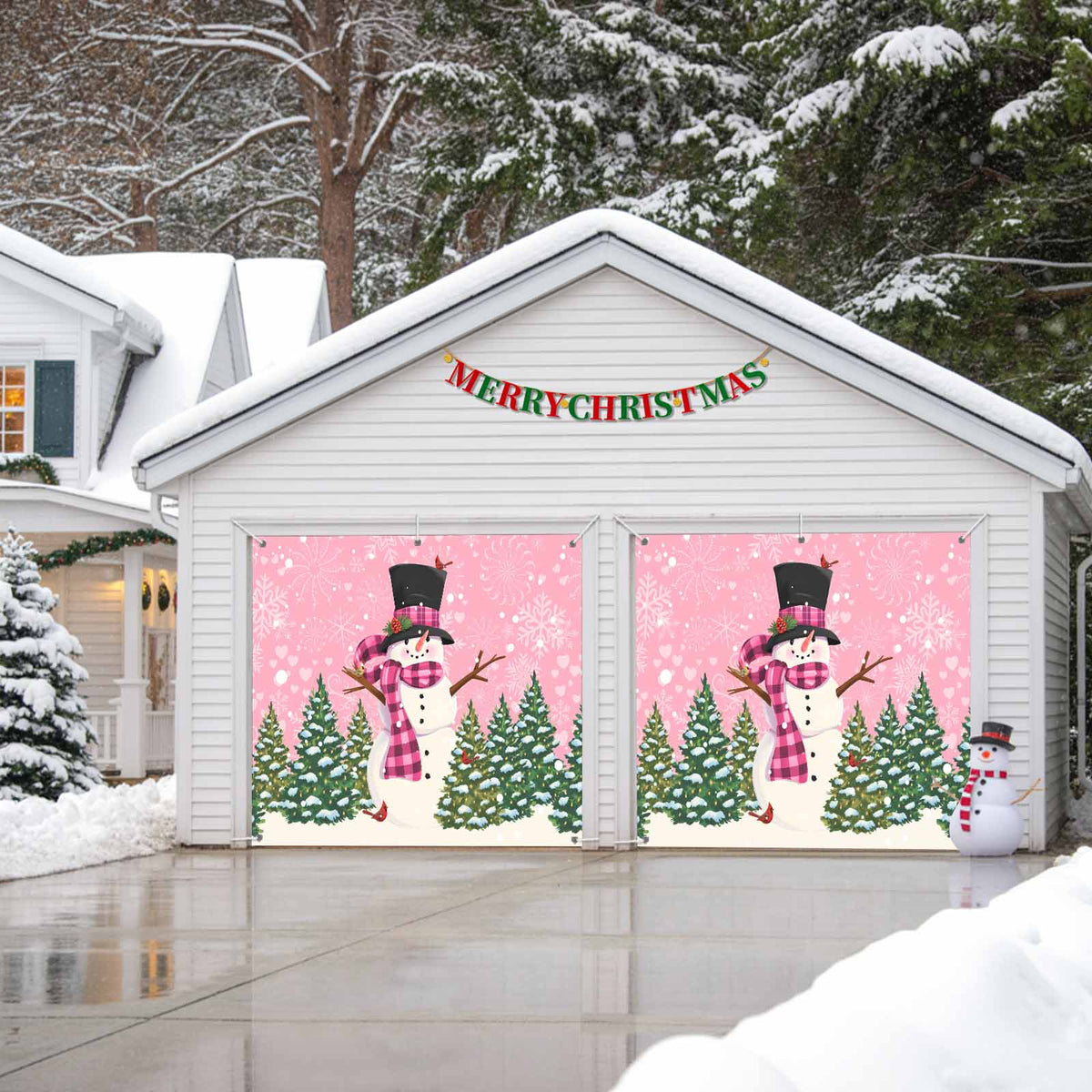 Fsddascl 7 x 16 Ft Christmas Garage Door Cover, Pink Snowman Christmas Large Garage Door Banner, Green Xmas Tree Snowflake Hanging Garage Mural Background for Indoor Outdoor Xmas Party Supplies