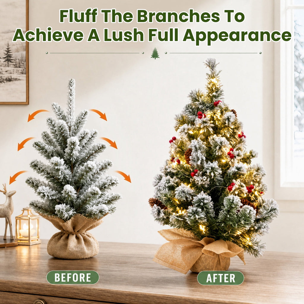 22" Mini Christmas Tree with 30 LEDs, Red Berries & Pinecones, DIY Kit, Battery Powered Tabletop Tree Christmas Decorations Gifts for Dorms, Offices, Home, Classrooms Desks & Small Spaces