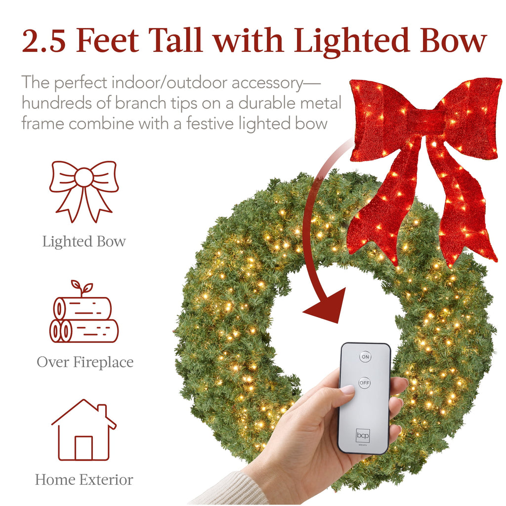 Best Choice Products 48in Artificial Pre-Lit Fir Christmas Wreath Decor w/ Red Bow, 250 LED Lights, 714 Tips, Plug-In