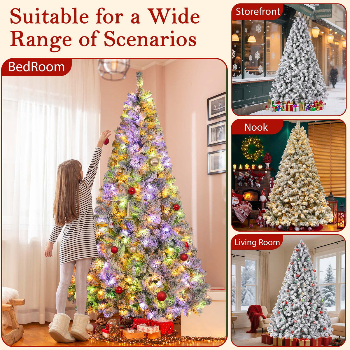 Yexmas 7.5FT Pre-Lit Snow Flocked Christmas Tree,Artificial White Christmas Tree with Large Christmas Tree Storage Bag,11 Modes Warm White & Multicolor LED Lights for Xmas Decoration