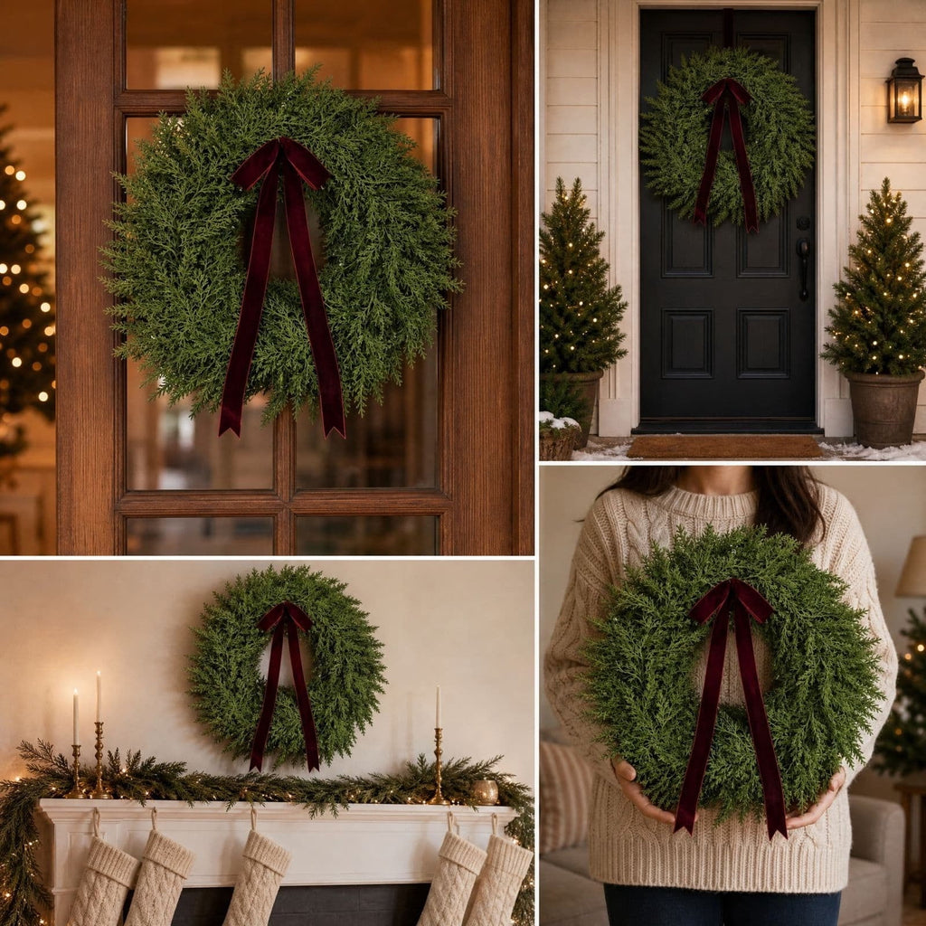 QualiVow Artificial Christmas Wreath with Burgundy Bow, 11.81in Faux Cedar Front Door Decor