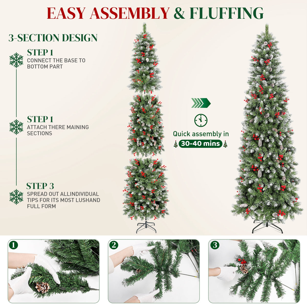 Aufeile 6ft Pencil Christmas Tree, Slim Pre-Lit Xmas Tree, 200 LED Lights, 600 Hinged Tips, Pine Cones, Berries, Metal Stand