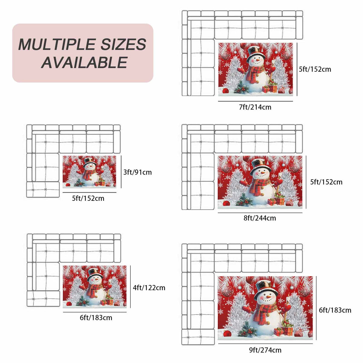 Grey Snowman Christmas Outdoor Rug for Patio/Deck/Porch, Non-Slip Large Area Rug 4 x 6 Ft, Xmas Tree Red Balls Snowflake Indoor Outdoor Rugs Washable Area Rugs, Reversible Camping Rug Carpet Runner