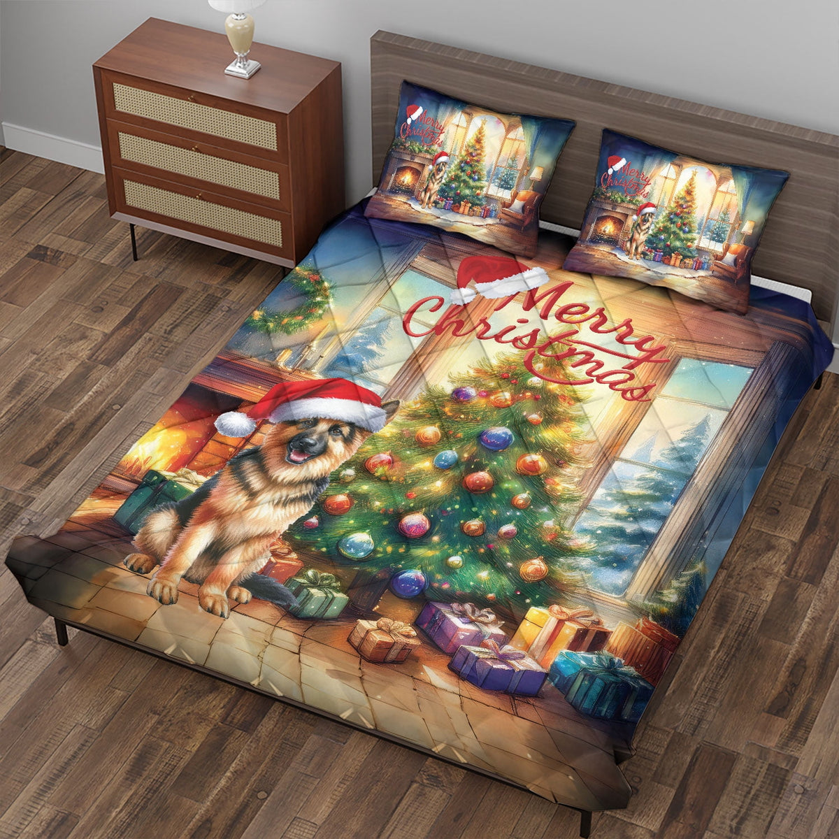 Merry Christmas French Bulldog Santa Hat Xmas Tree Winter Holiday Quilt Bedding Set Dog Lover Gifts 1 Blanket Bed Cover 2 Pillowcases - 01013