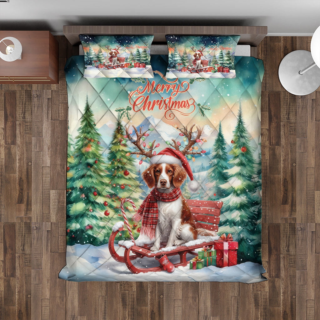 Merry Christmas Santa Reindeer Antlers French Bulldog Sleigh Xmas Winter Holiday Quilt Bedding Set Dog Lover Gifts 1 Blanket Bed Cover 2 Pillowcases - 00023