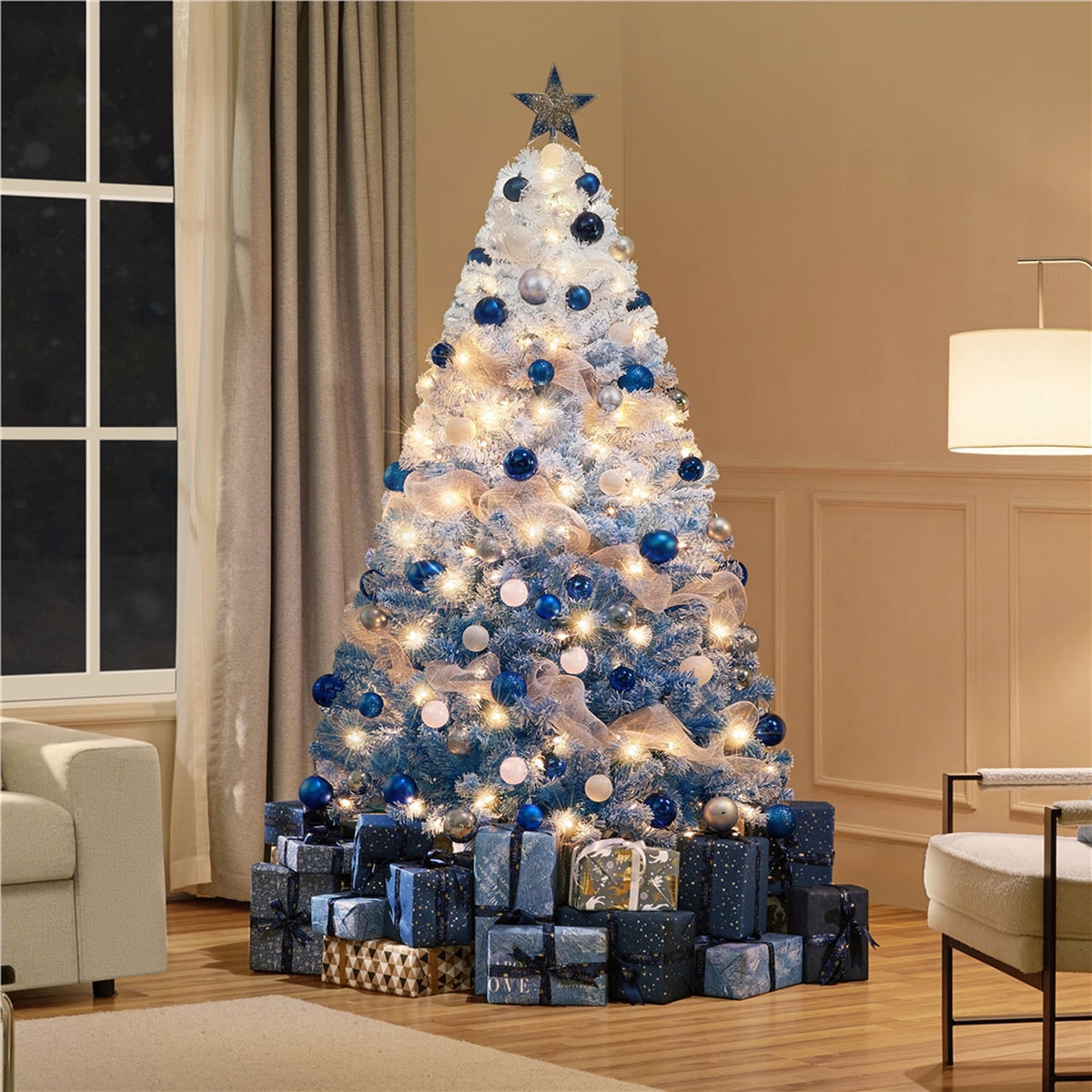 Alden Design 4.5 ft Pre-lit Flocked Christmas Tree with Warm Lights, Frosted White