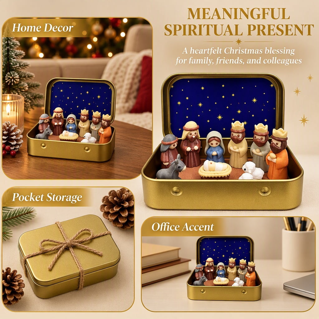 Mini Christmas Nativity Set in a Tin Box – Pocket Size Religious Scene with Handcrafted Resin Figures, Portable Display Case for Desk & Shelf
