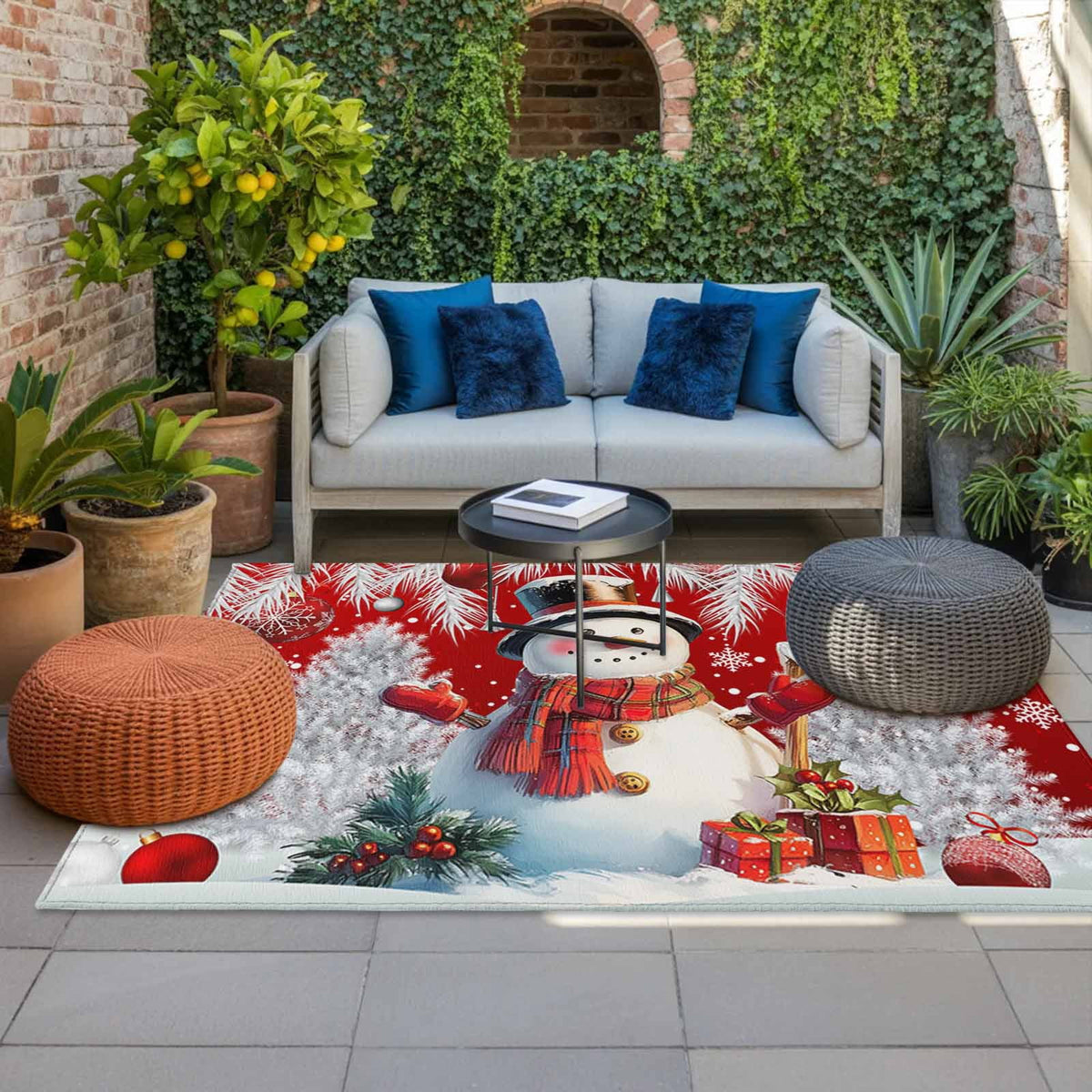 Grey Snowman Christmas Outdoor Rug for Patio/Deck/Porch, Non-Slip Large Area Rug 4 x 6 Ft, Xmas Tree Red Balls Snowflake Indoor Outdoor Rugs Washable Area Rugs, Reversible Camping Rug Carpet Runner