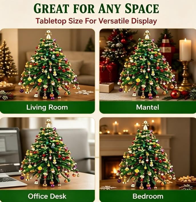 Jingle Beads, Beaded Xmas Tree Kit, Crystal Beaded Christmas Tree Lamp Kit, DIY Beaded ChristmasTree Kits Light Up, Metal Frame & Angel Topper Included, Tabletop Mini Decor