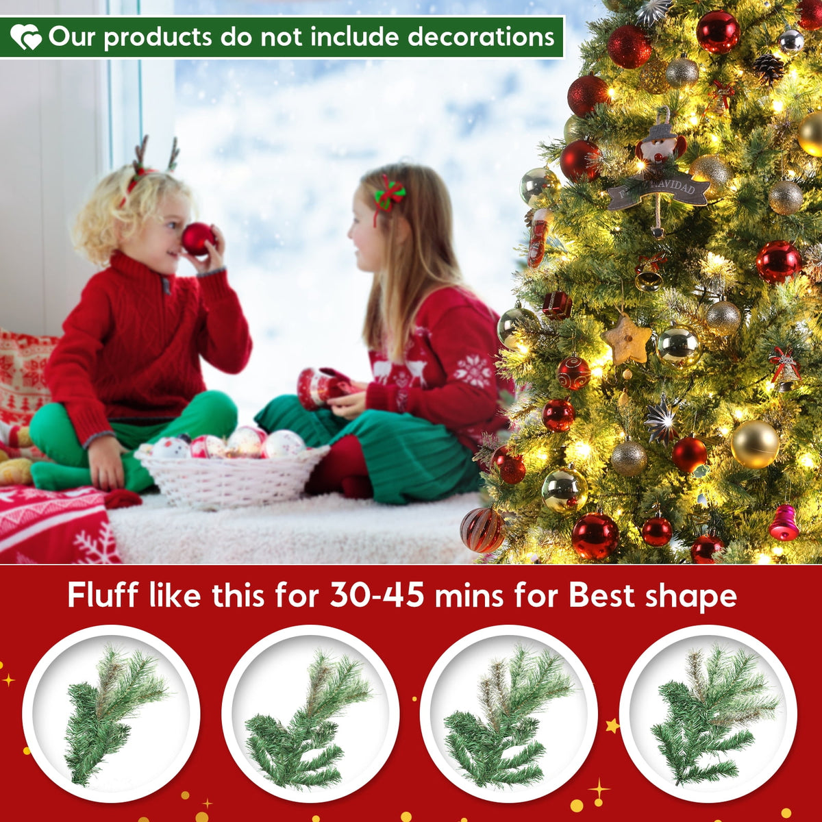TLSUNNY 8ft Pre-lit Artificial Christmas Tree, W/ 1000 Branche Tips, 450 LED Warm Lights, Fluffy Snow Flocked Pine Tree, Metal Stand Hinged Xmas Tree for Party Holiday Decor