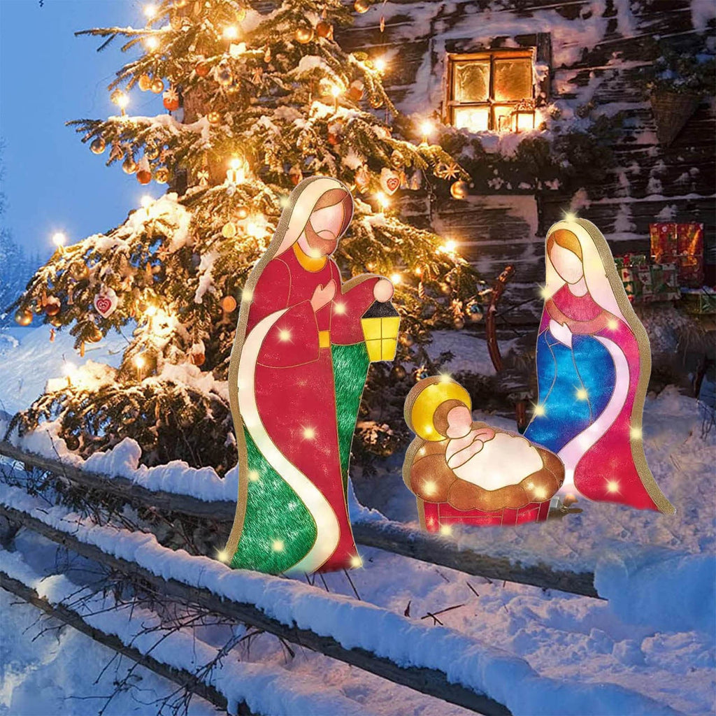 Mini Outdoor Lighted Nativity Scene Set, 9.06 -11. Inches Stained Acrylic Holy Family Decor, Easy Assemble Religious Christmas Yard Decoration for Garden Lawn