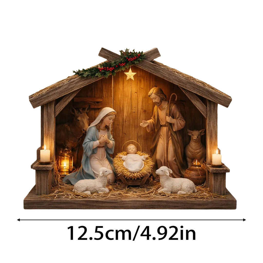 Nativity Scene Wooden Decor, Jesus Birth Manger Stable Sculpture for Christmas Home Church Decor