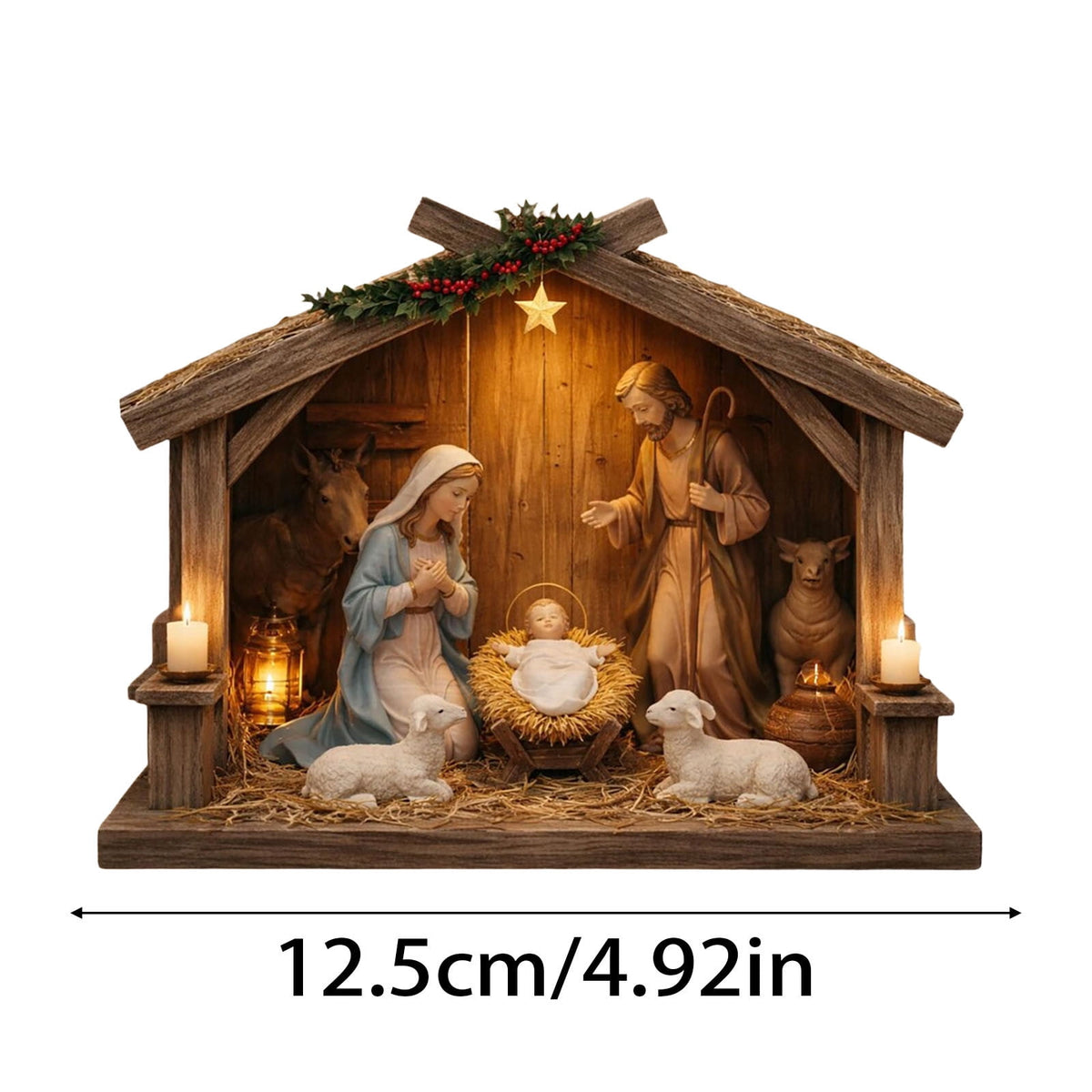 Nativity Scene Wooden Decor, Jesus Birth Manger Stable Sculpture for Christmas Home Church Decor