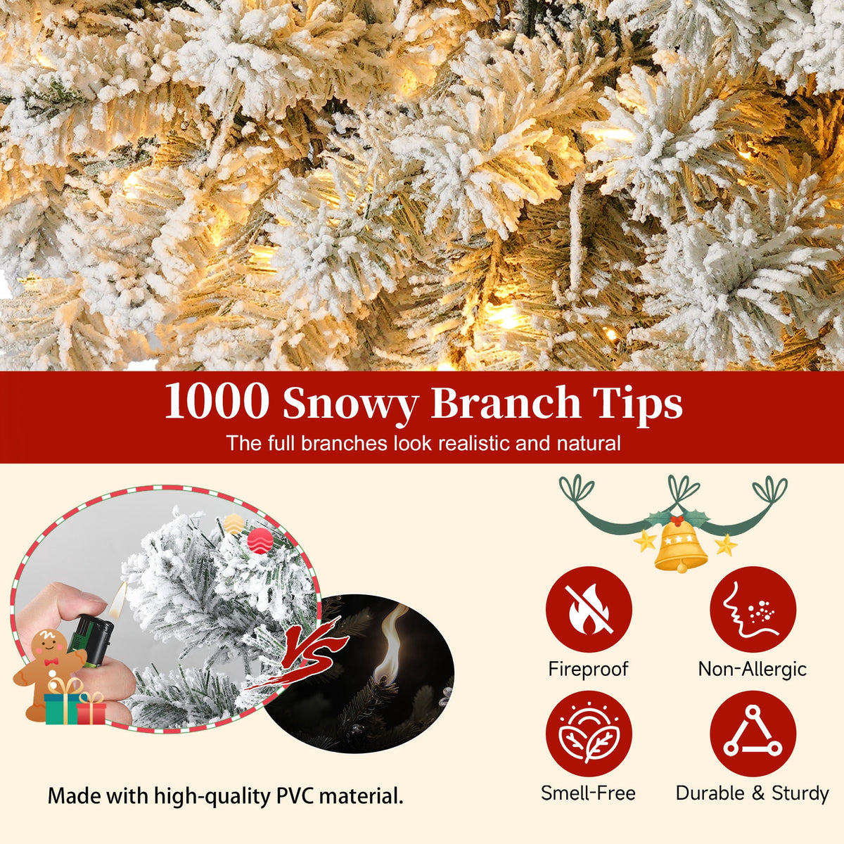 Yexmas 7.5FT Pre-Lit Snow Flocked Christmas Tree,Artificial White Christmas Tree with Large Christmas Tree Storage Bag,11 Modes Warm White & Multicolor LED Lights for Xmas Decoration