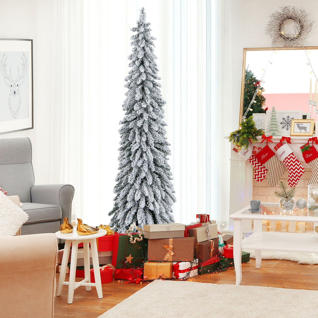 Topbuy 4FT Pre-lit Artificial Christmas Tree Snow-flocked Xmas Pencil Tree with 225 Branch Tips 100 LED Lights 2 Lighting Colors