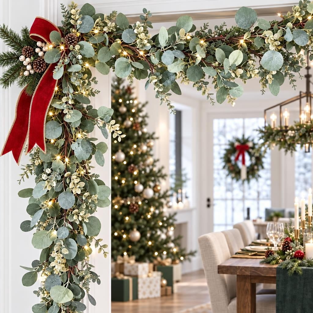 Scidweet Christmas Eucalyptus Garland, 2 Pcs 6.56 FT Artificial Greenery Garland Silver Dollar Leaves Boxwood Vines with White Buds for Home Wedding Party Table Mantle Xmas Decor