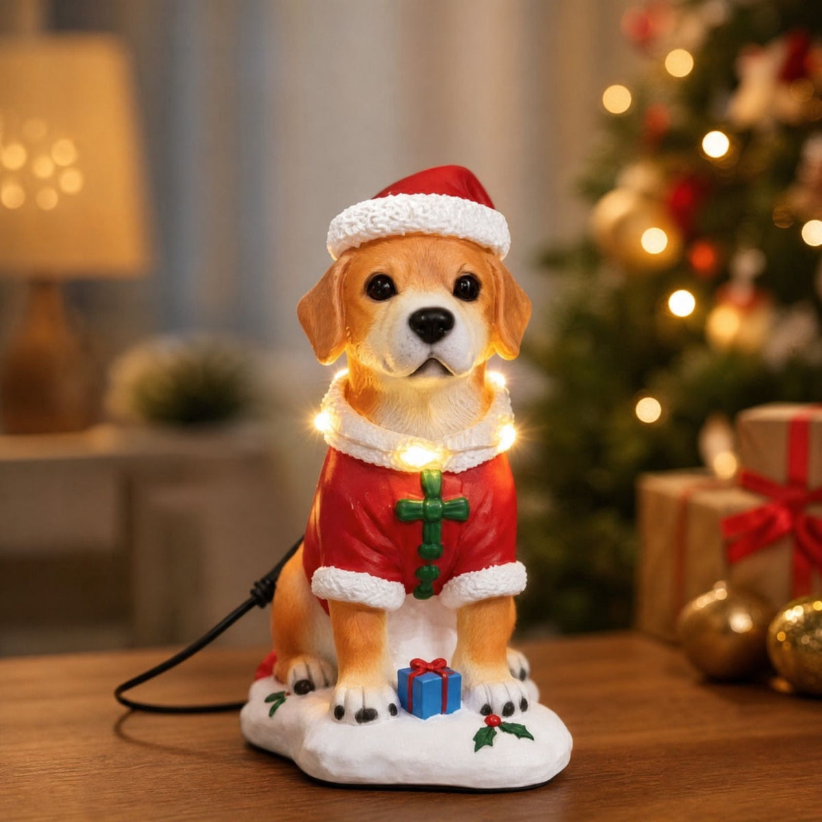 Luckky Lighted Christmas Dog Resin Statue, Santa Hat and Scarf Dog Figurine, 7.87 Inch, Multi-Color LED Lights, Indoor Outdoor Holiday Decor