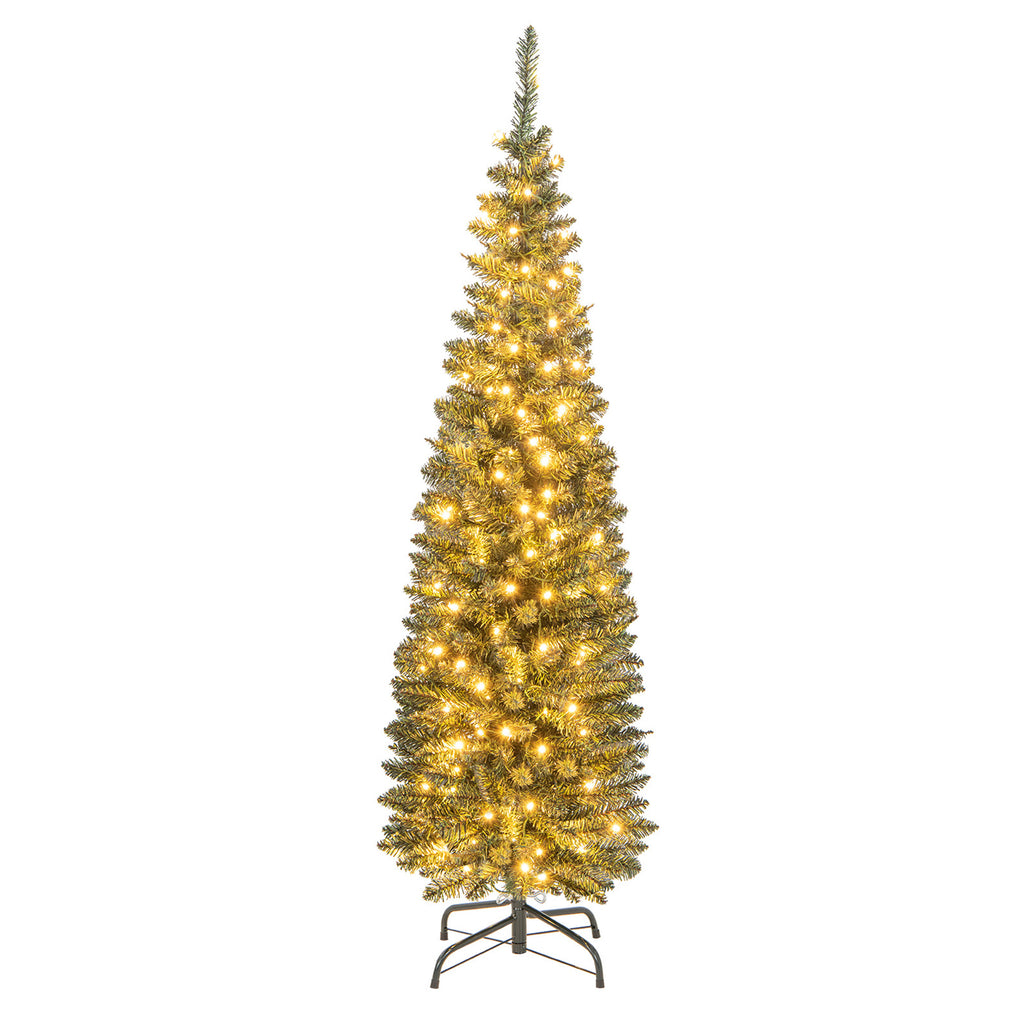 Gymax 9 FT Pre-Lit Artificial Christmas Tree Realistic Slim Pencil Xmas Tree