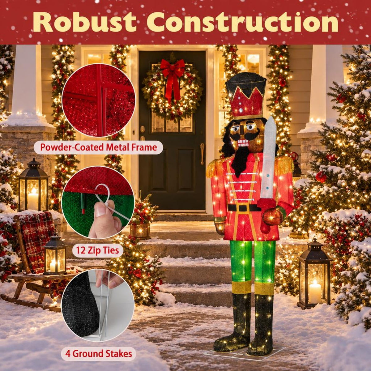 RUIE Lighted Christmas Nutcracker with Glitter Sword for Outdoor, 5 FT, Multi-color, 21.5" x 5 ft Overall, Metal Tinsel Construction