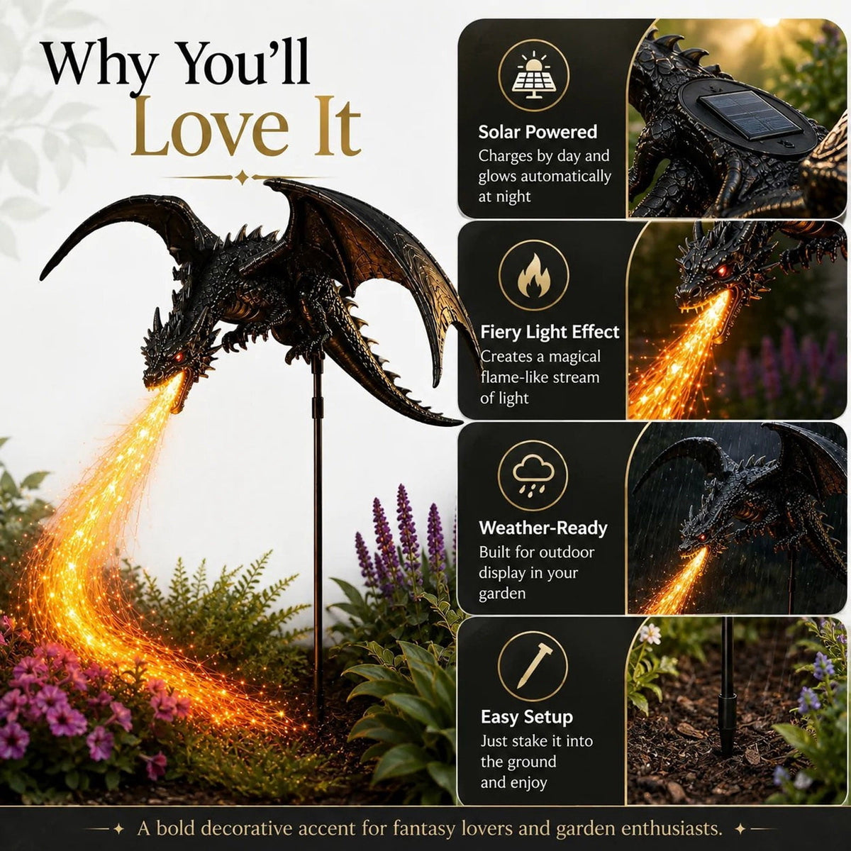 Solar Dragon Fire Garden Light,Gothic Solar‑Powered Dragon Figurine with Breathing Flame Fiber‑Optic Lights,Waterproof Outdoor Yard Decor for Lawn,Pathway,Flower Bed,Patio