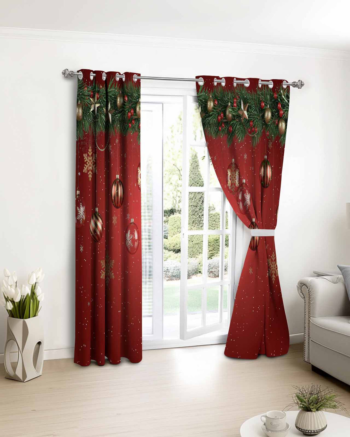 Christmas Blackout Curtains 84 Inches Long, Red Xmas Balls Pine Branches Snowflakes Winter Thermal Insulated Black Out Curtains, Darkening Window Curtain for Bedroom Living Room 52"x84" 2 Panels
