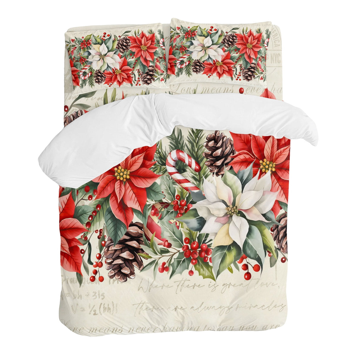 Red White Flowers Bedding Duvet Cover Set Twin 4 Pieces Pine Cone Winter Snowflakes Christmas Vintage Letter Bedding Set with Zipper Closure,1 Comforter Cover 68x90 In 1 Flat Sheet & 2 Pillow Cases