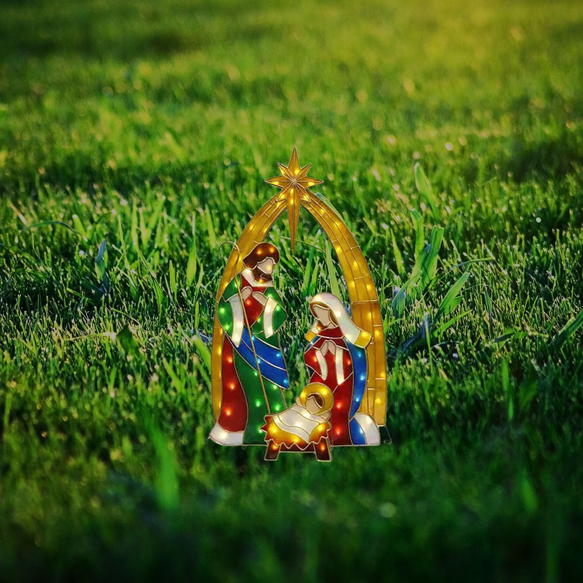 Uutvmp Mini Metal Pre-Lit Patio Decor, Nativity Scene Outdoor Indoor Sparkling Standing Holiday Display