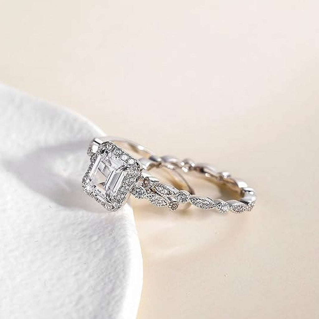 Divine Creation 2.40 Ct Emerald Cut White Diamond Engagement Wedding Thanksgiving Christmas Bridal Ring Set 14K White Gold Plated 925 Sterling Silver For Women's -4.5