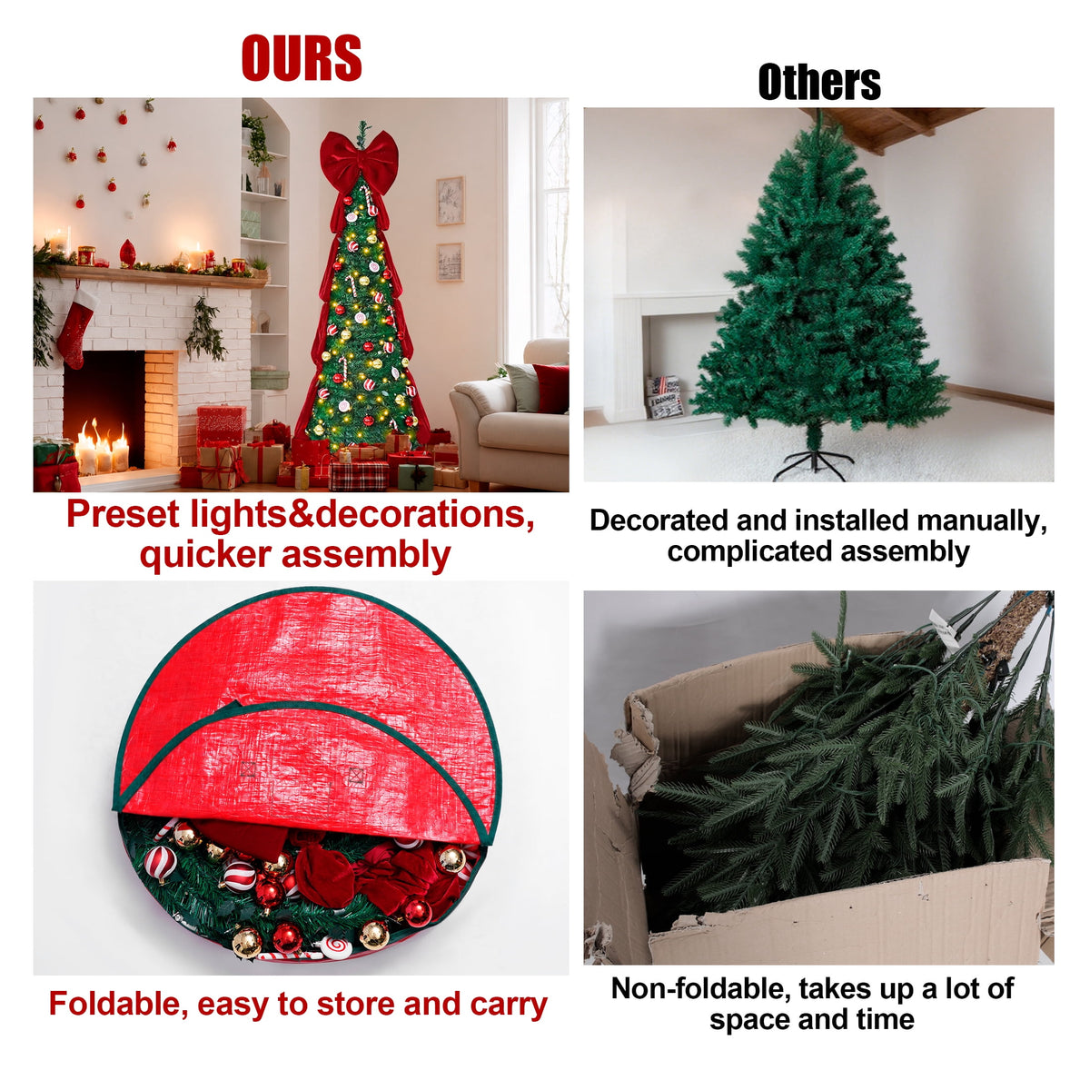 Firstness Christmas Tree 6FT, Pop up Pre Decorated Pre Lit Artificial Xmas Tree with 200 LED Lights, Large Bow & Ornaments, Lighted Christmas Tree with Storage Bag, Easy Installation
