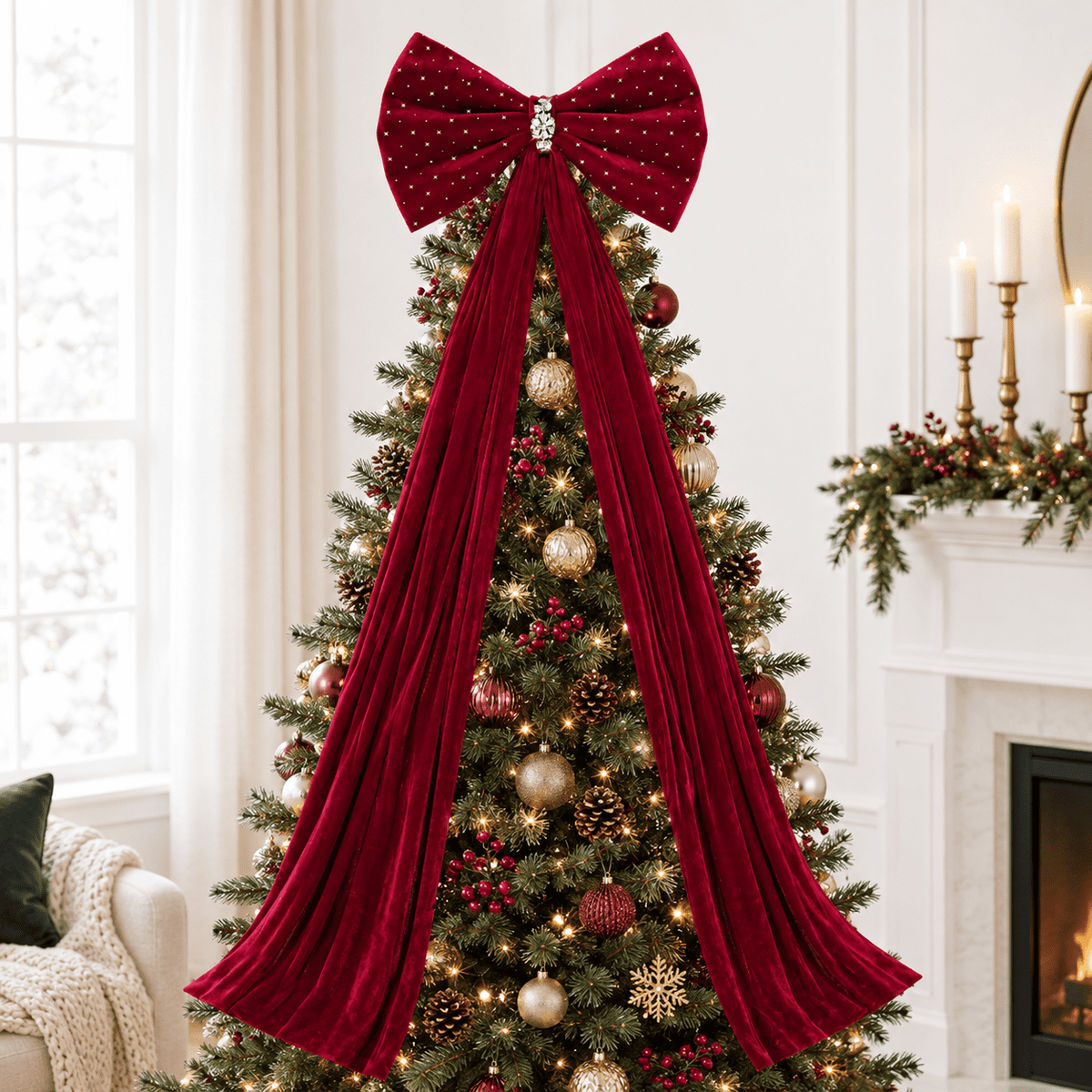 79x20 Inch Oversized Christmas Tree Topper Bow Burgundy Rhinestone Decor