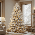 Lolsea 7ft Prelit Flocked Modern Luxury Cedar Christmas Tree with Realistic PE Foliage, Warm White & Multi-Color Lights and Remote Control