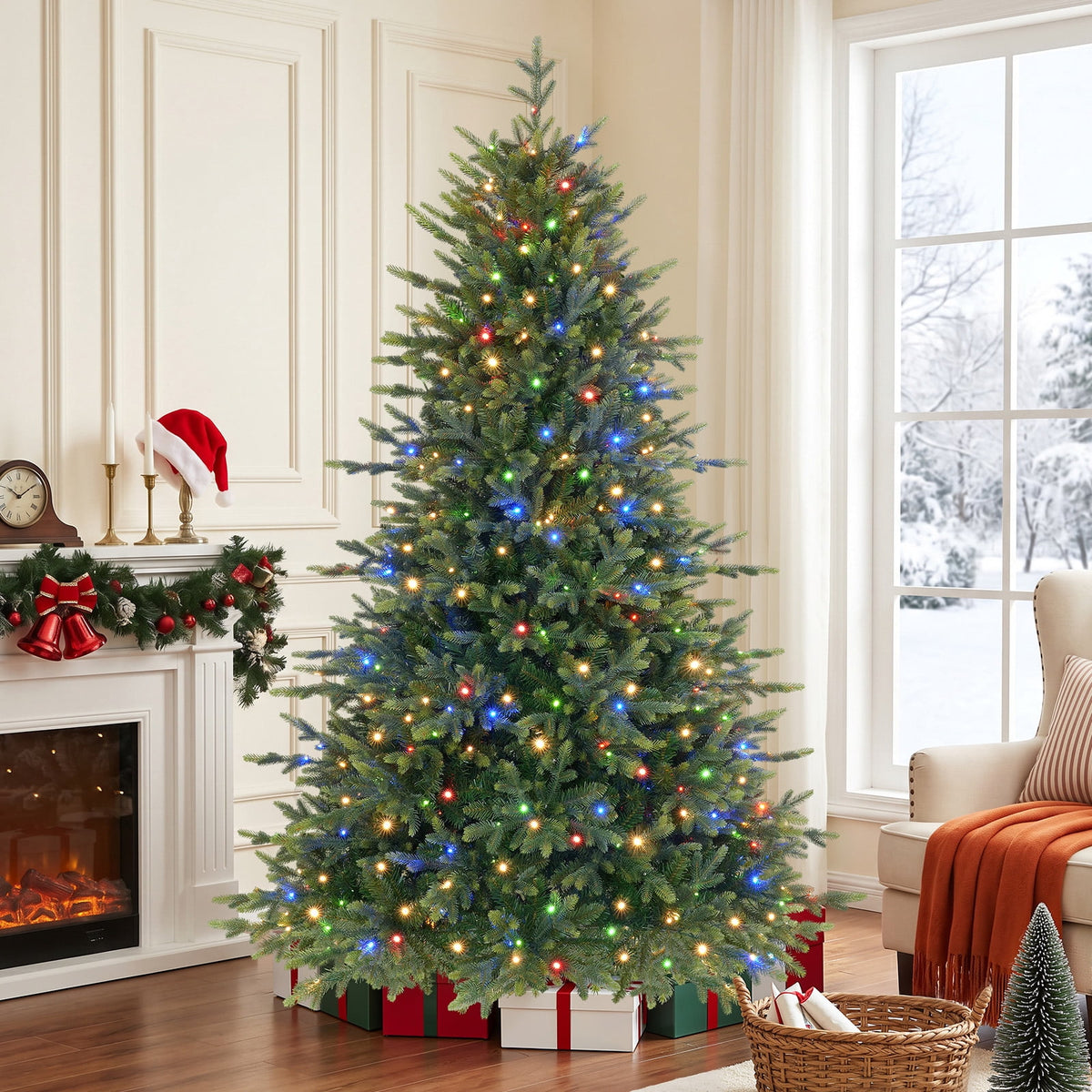 Lolsea 7ft Prelit PE Noble Fir Artificial Christmas Tree with Remote Control, Timer and Warm White & Multi-Color Lights