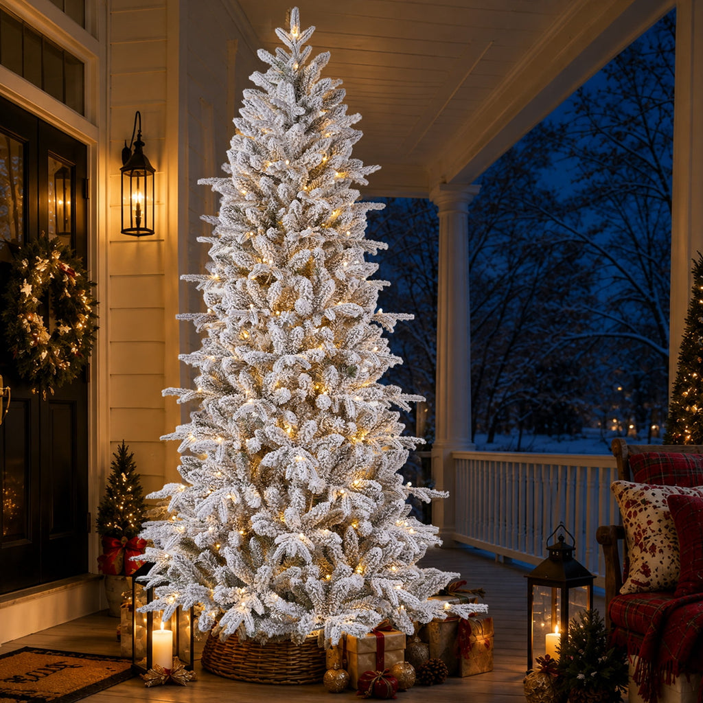 Goosiay 7FT Pre-Lit Flocked Fir Christmas Tree, 1060 PE & PVC Tips, 300 Warm White LED Lights, Snowy Hinged Artificial Christmas Tree for Living Room & Holiday Decor