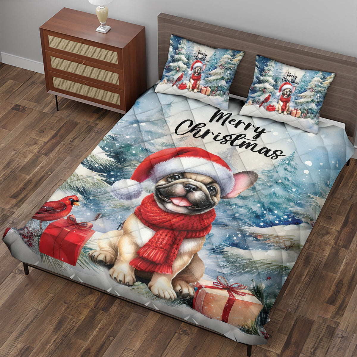 Merry Christmas French Bulldog Enjoys Woofmas Winter Xmas Holiday Quilt Bedding Set Dog Lover Gifts 1 Blanket Bed Cover 2 Pillowcases - 02022