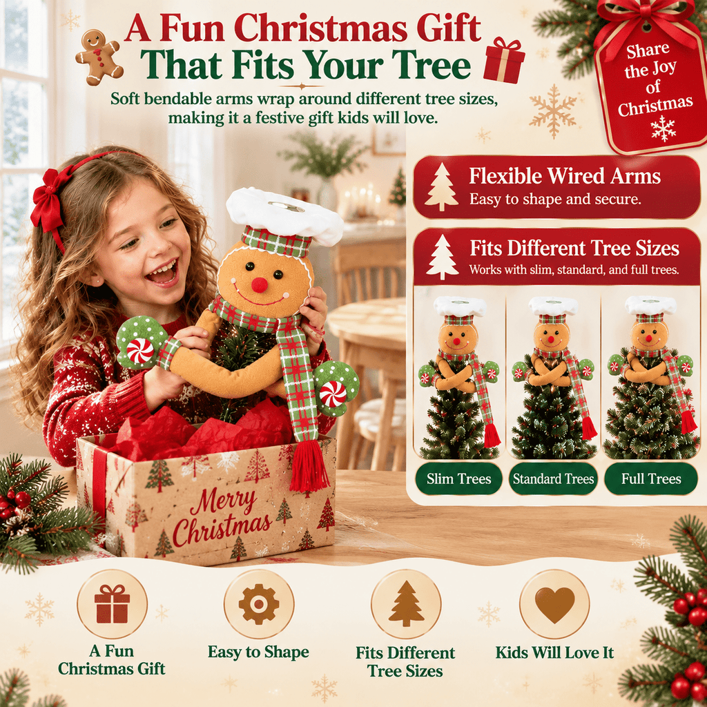 Green White Plush Gingerbread Man Christmas Tree Topper with Rotating LED Light