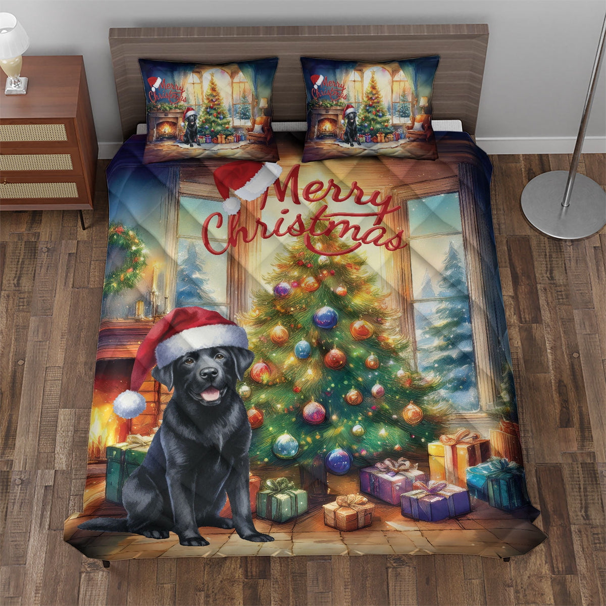 Merry Christmas French Bulldog Santa Hat Xmas Tree Winter Holiday Quilt Bedding Set Dog Lover Gifts 1 Blanket Bed Cover 2 Pillowcases - 01013