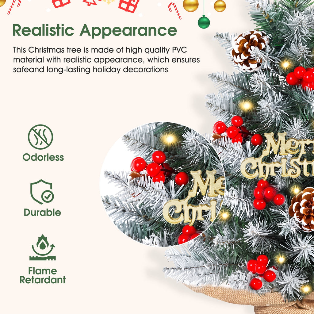 22" Mini Christmas Tree with 30 LEDs, Red Berries & Pinecones, DIY Kit, Battery Powered Tabletop Tree Christmas Decorations Gifts for Dorms, Offices, Home, Classrooms Desks & Small Spaces