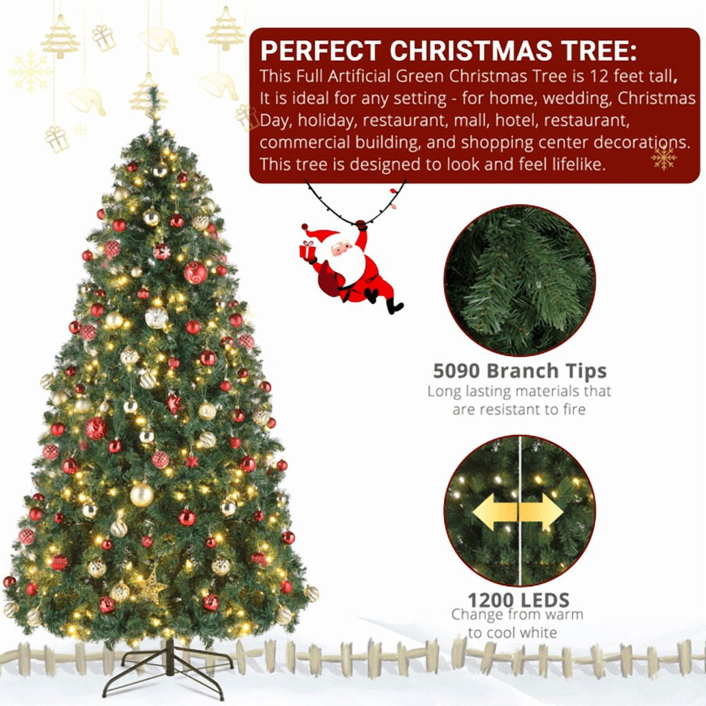 Alvantor 10 ft Pre-Lit Artificial Christmas Tree with 5,090 PVC Branch Tips, 1,200 Dual-Color LED Lights and Remote, Green