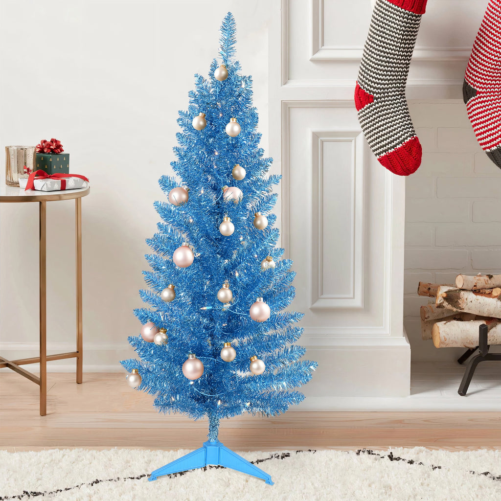 Bringstar 4FT Silver Artificial Christmas Tree with 50 String Lights, Mini Tinsel Tree, Not Pre-Lit, for Halloween & Holiday Home & Office Décor