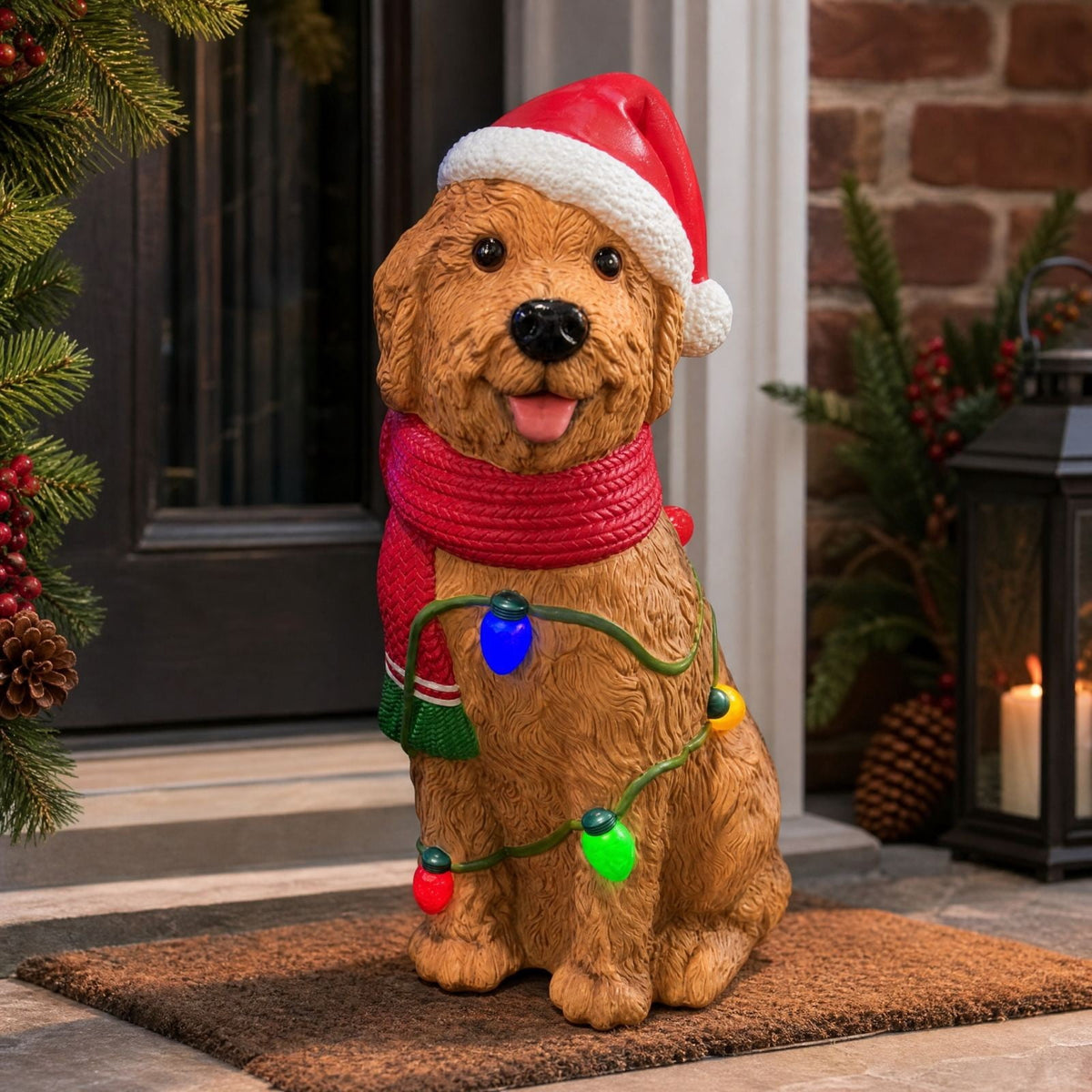 Luckky Lighted Christmas Dog Resin Statue, Santa Hat and Scarf Dog Figurine, 7.87 Inch, Multi-Color LED Lights, Indoor Outdoor Holiday Decor