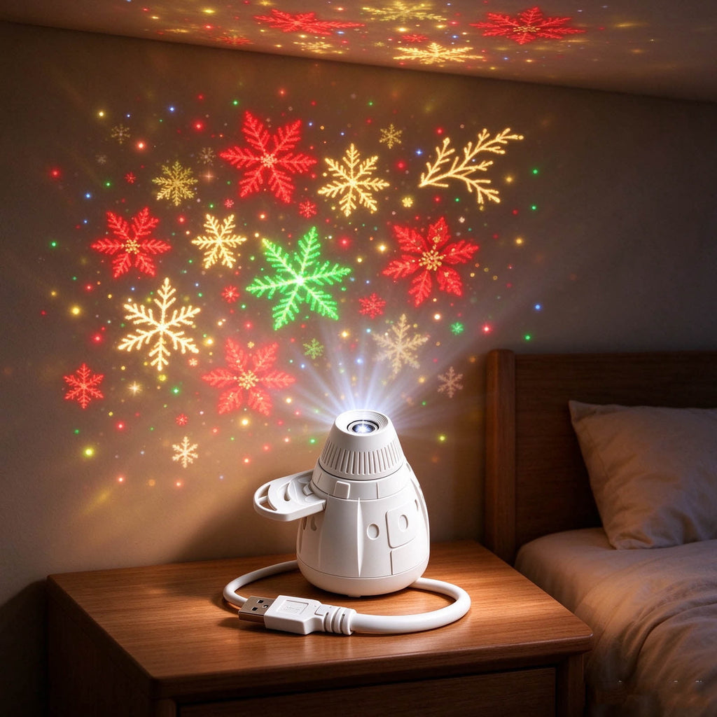 Magical Christmas Projection Night Light, USB Powered Holiday Projector with Festive Wall and Ceiling Effects for Bedroom, Living Room and Christmas Party Ambiance