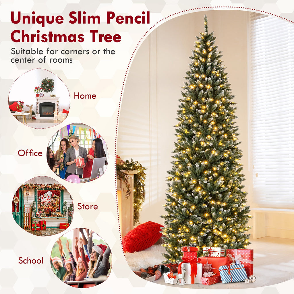 Gymax 9 FT Pre-Lit Artificial Christmas Tree Hinged Slim Pencil Xmas Tree w/ 1298 Snowy Branch Tips